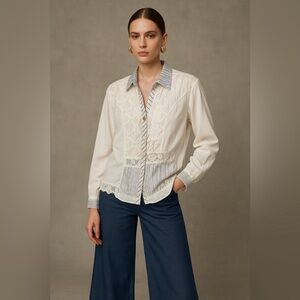 Crisca - Boho Patchwork Blouse Lace, MixedFabrics & Button Detail